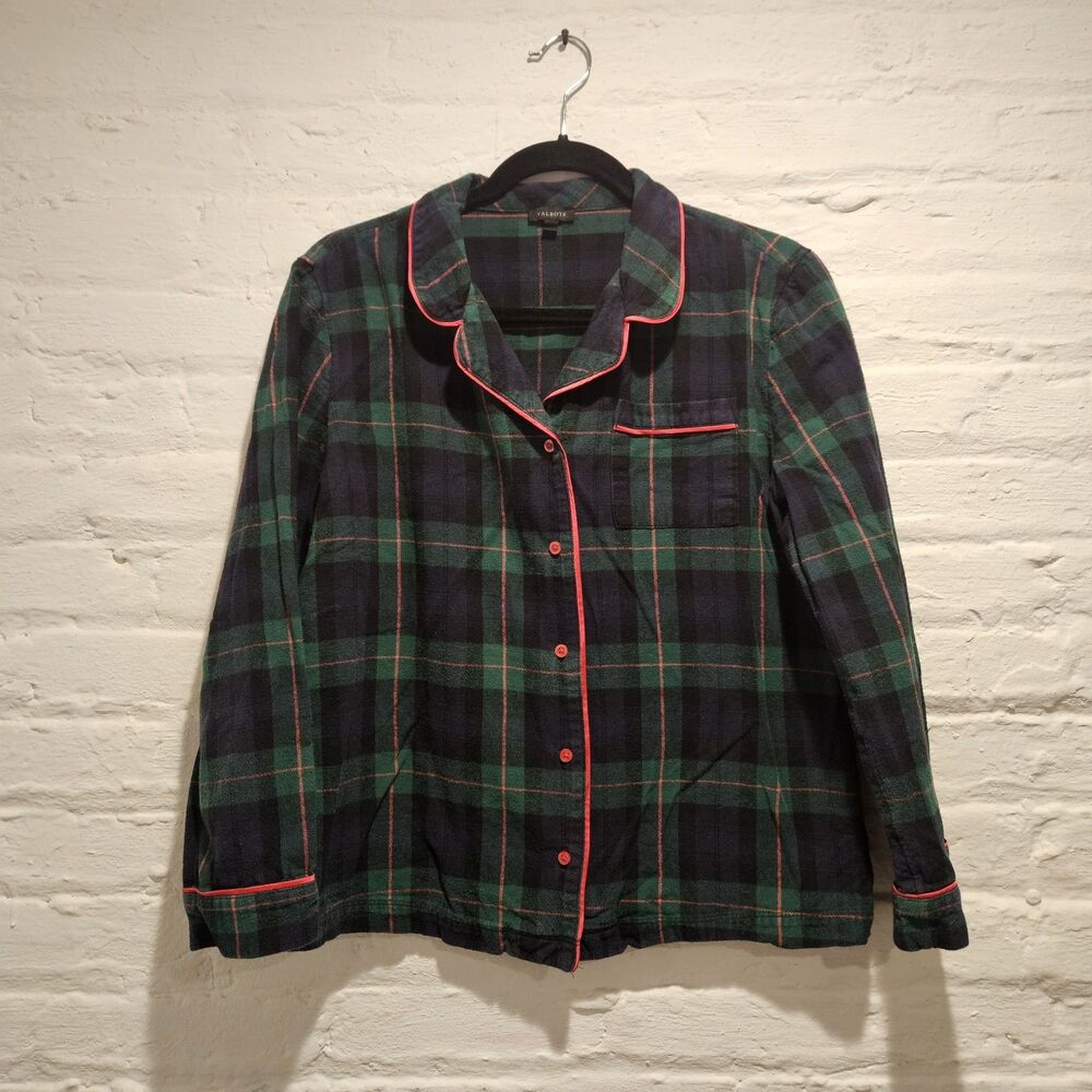 Talbots Green Pink Cotton Flannel Long Sleeve Christmas Pajama Shirt Top, Size S